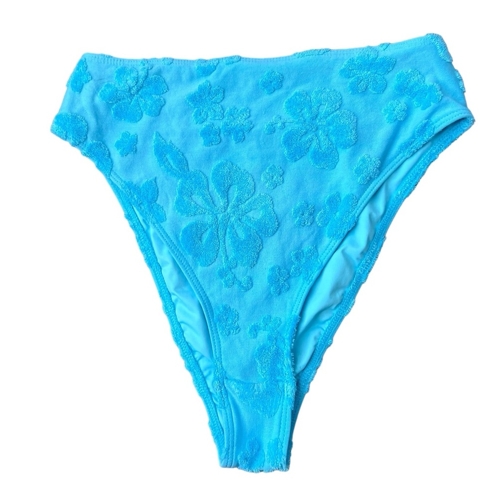 Frankie’s Bikinis Turquoise Blue Floral Texture Print Cheeky Bikini Bottoms Sz M